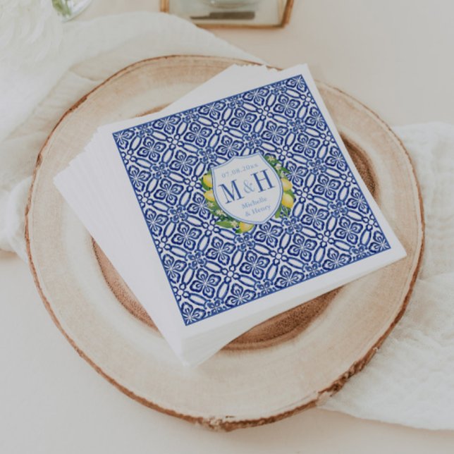 Servilleta De Papel Boda Monograma Amalfi Lemons Blue Tile (Lemons monogram couples crest with Italian blue tile print)