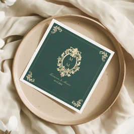 Servilleta De Papel Boda Monograma Barroco de Oro Verde Esmeralda