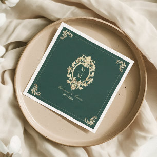 Servilleta De Papel Boda Monograma Barroco de Oro Verde Esmeralda
