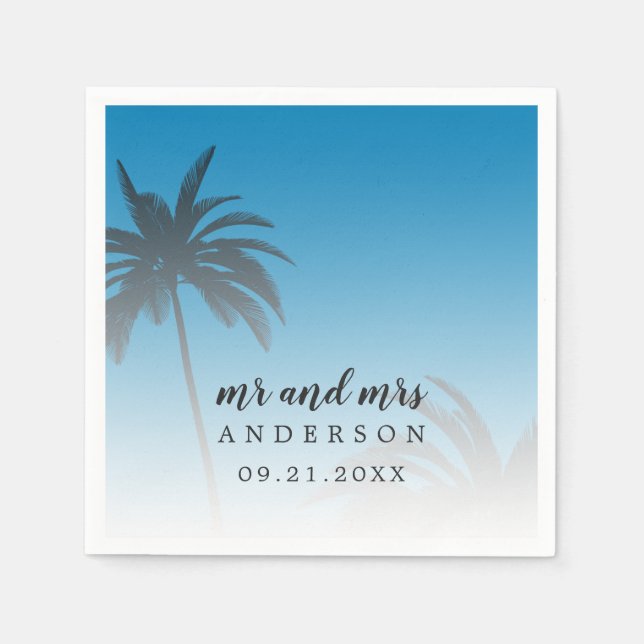 Servilleta De Papel Boda Monograma Blue Tropical Palm Tree Beach (Anverso)