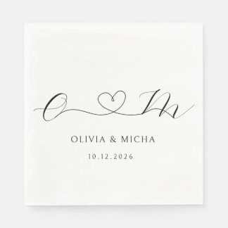 Servilleta De Papel Boda Monograma Corazón Minimalista Blanco Y Negro