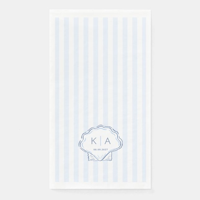 Servilleta De Papel Boda Monograma Costera Azul y Blanco Moderna (Anverso)