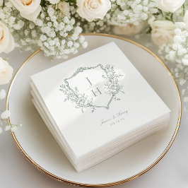 Servilleta De Papel Boda Monograma Cresta Floral Regencia Verde Salvia