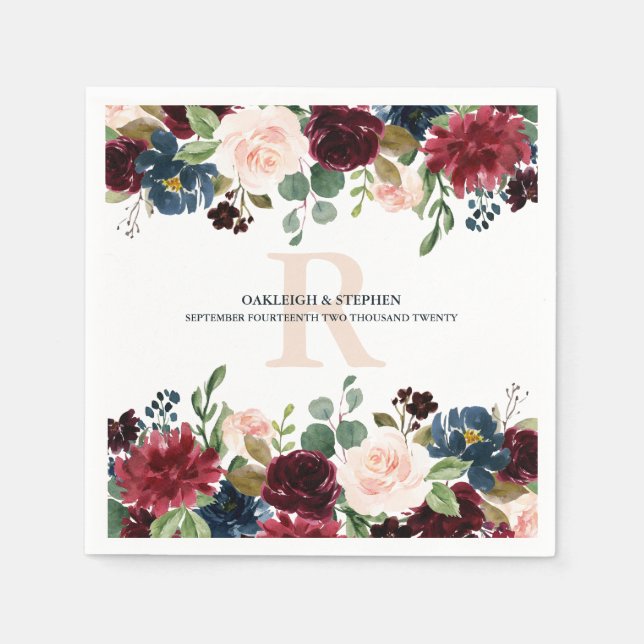 Servilleta De Papel Boda Monograma de acuarela floral rosa de Borgoña (Anverso)