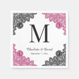 Servilleta De Papel Boda Monograma de encaje floral rosa y negro calie