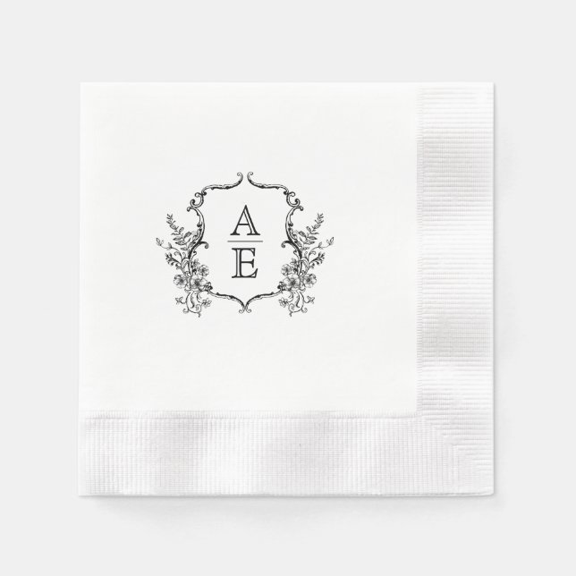 Servilleta De Papel Boda Monograma de Escudo blanco y negro (Anverso)
