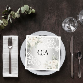 Servilleta De Papel Boda monograma de floros blancos plateados