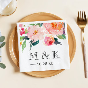 Servilleta De Papel Boda Monograma de la pareja floral acuarela modern