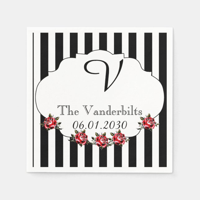 Servilleta De Papel Boda Monograma de Rosa Roja Blanca Negra (Anverso)