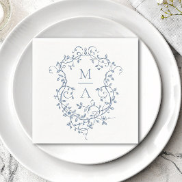 Servilleta De Papel Boda Monograma del Escudo Floral Azul Clásico