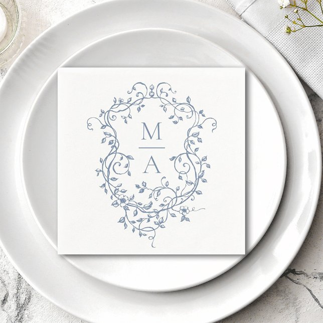 Servilleta De Papel Boda Monograma del Escudo Floral Azul Clásico (Subido por el creador)