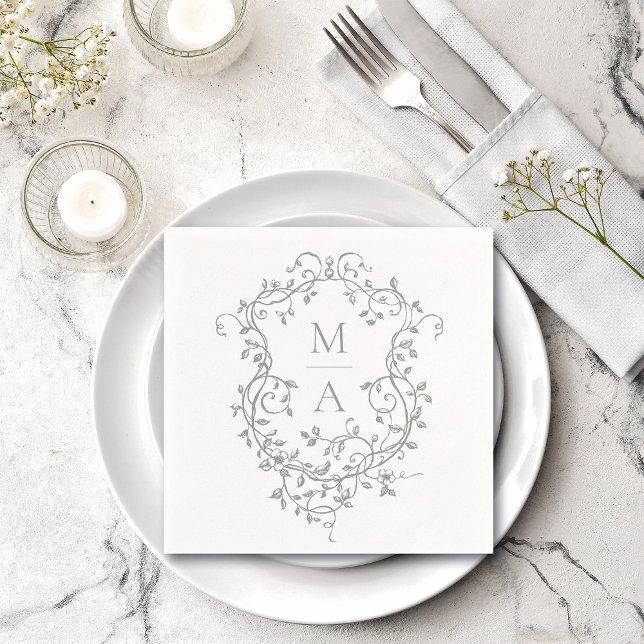 Servilleta De Papel Boda Monograma del Escudo floral gris clásico (Subido por el creador)