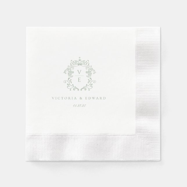Servilleta De Papel Boda Monograma del Escudo verde sabio (Anverso)