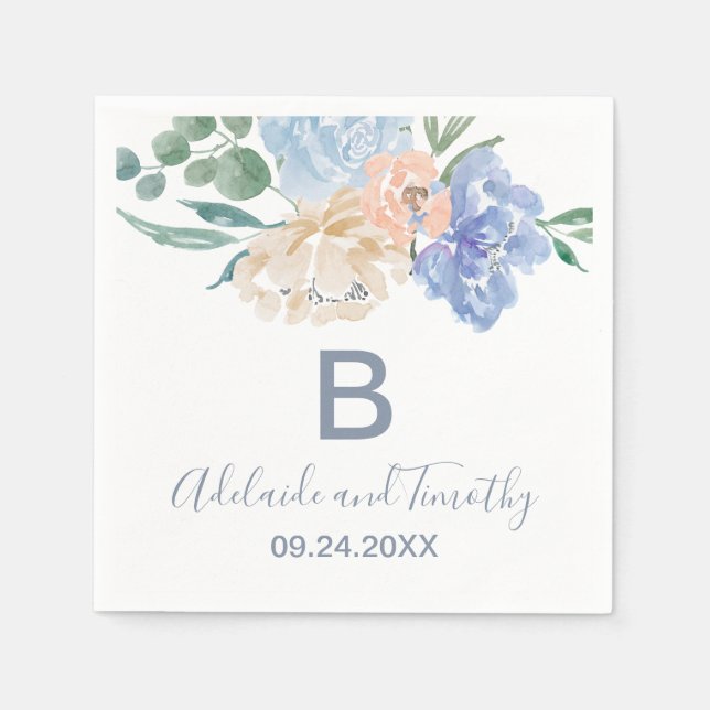 Servilleta De Papel Boda Monograma Dusty Blue Florals (Anverso)
