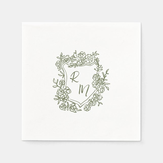 Servilleta De Papel Boda Monograma Escudo floral Funky de mano dibujad (Anverso)