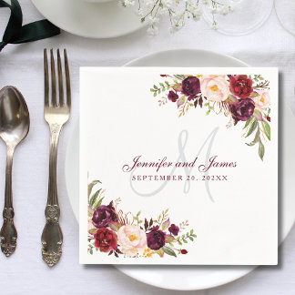 Servilleta De Papel Boda Monograma Floral Borgoña Rosa Acuarela