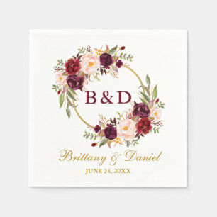 Servilleta De Papel Boda Monograma Floral Burgundy Wreath Gold