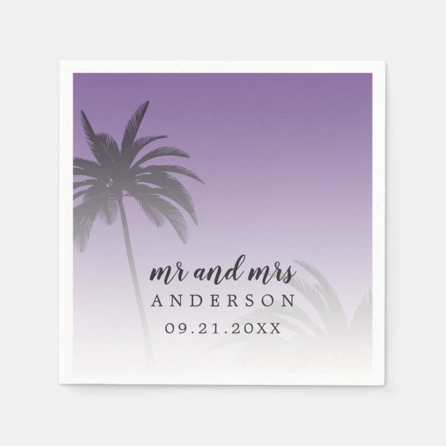 Servilleta De Papel Boda Monograma Morado Tropical Palm Tree Beach (Anverso)