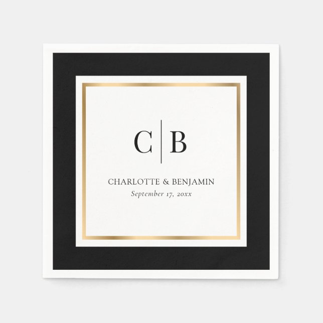 Servilleta De Papel Boda Monograma Negro y Oro (Anverso)