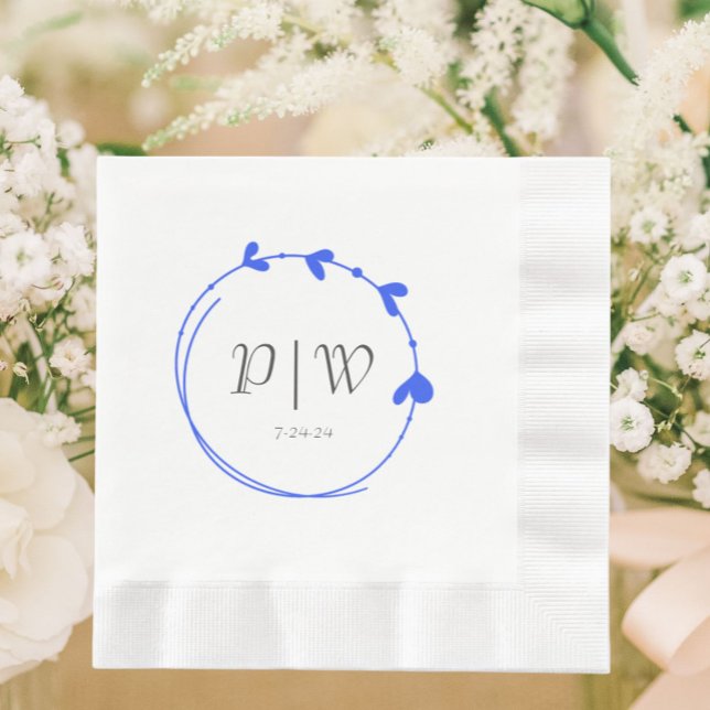 Servilleta De Papel Boda Monograma Real Blue Simple Heart Wreath (In Situ Wedding)