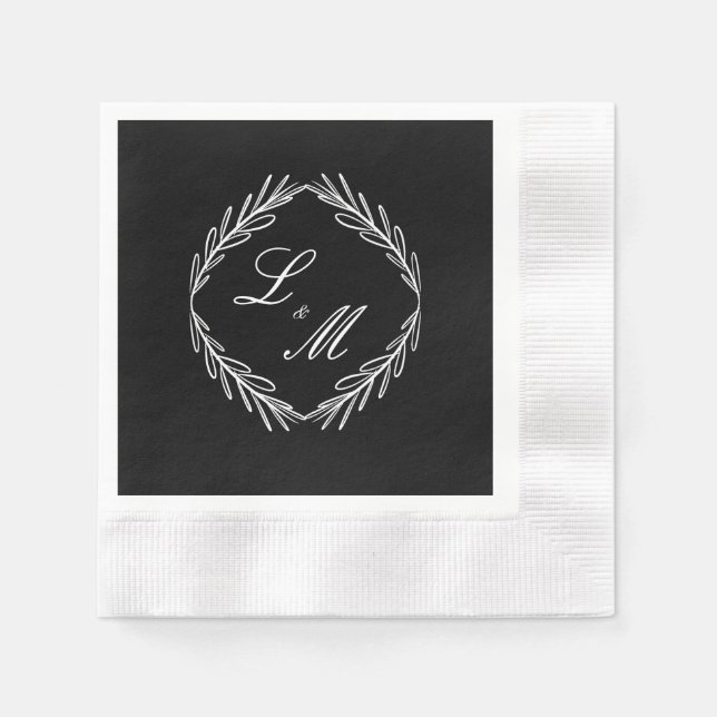 Servilleta De Papel Boda Monograma Script Rama Negro Blanco (Anverso)