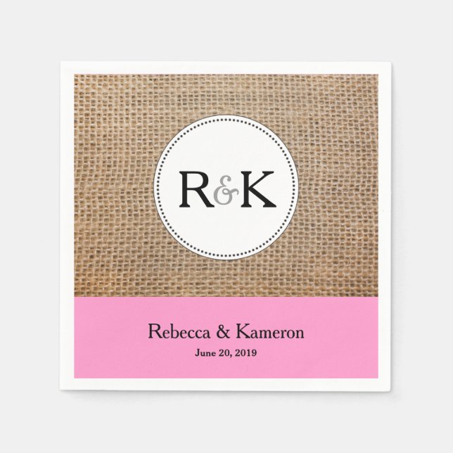 Servilleta De Papel Boda Monogramado Burlap & Light Pink (Anverso)