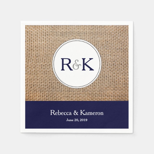 Servilleta De Papel Boda Monogramado Burlap & Navy Blue (Anverso)