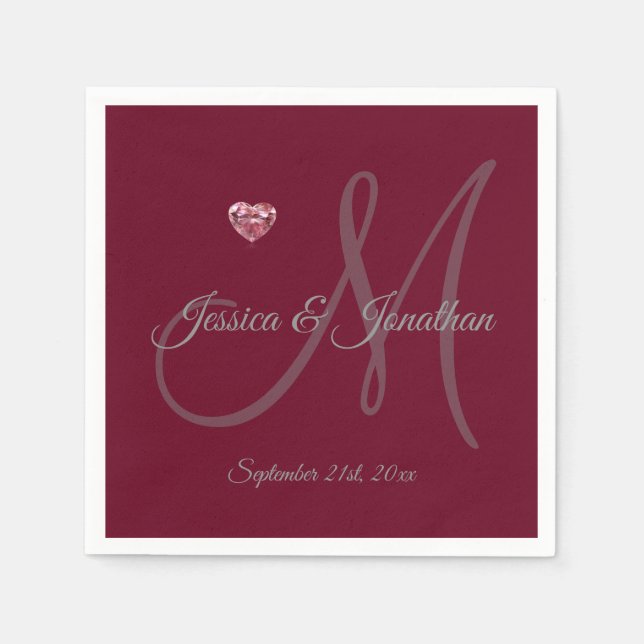 Servilleta De Papel Boda Monogramado de BURGUNDY Heart Personalizado (Anverso)
