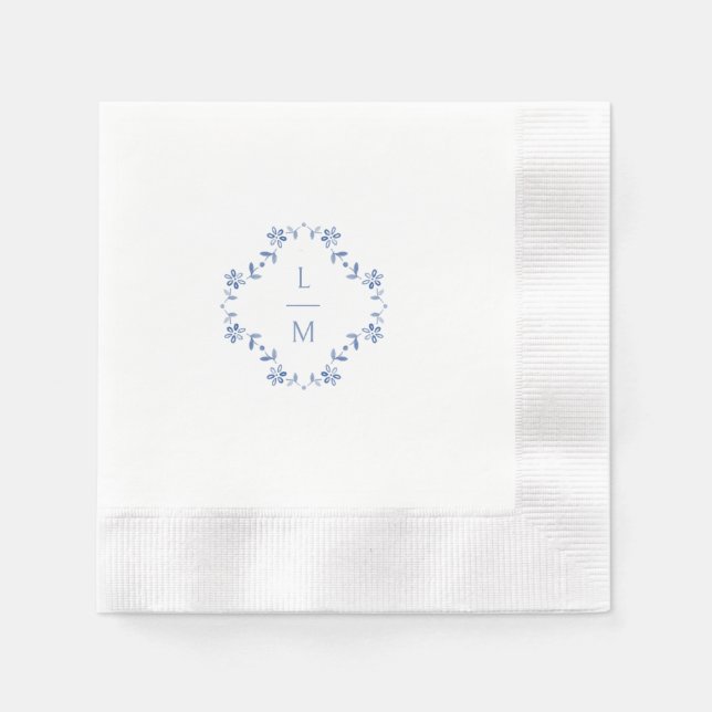 Servilleta De Papel Boda Monogramado Floral Azul y Blanca (Anverso)