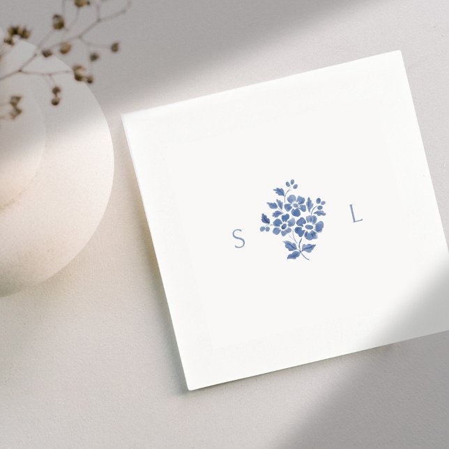 Servilleta De Papel Boda Monogramado Floral Azul y Blanca (Subido por el creador)