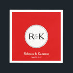 Servilleta De Papel Boda Monogramado Rojo<br><div class="desc">Esta sencilla y moderna servilleta boda presenta un círculo blanco con el monograma de la novia y el novio sobre un fondo rojo. El texto del personalizable,  cerca de la parte inferior,  muestra los nombres de la novia y el novio y la fecha de su boda.</div>