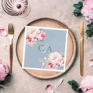 Servilleta De Papel Boda monogramo de flores de rosas rosadas azul tur