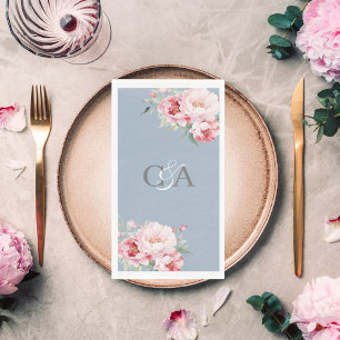 Servilleta De Papel Boda monogramo de flores de rosas rosadas azul tur