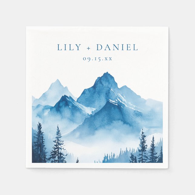Servilleta De Papel Boda Montañas Acuarela Azul Boho Moderno (Anverso)