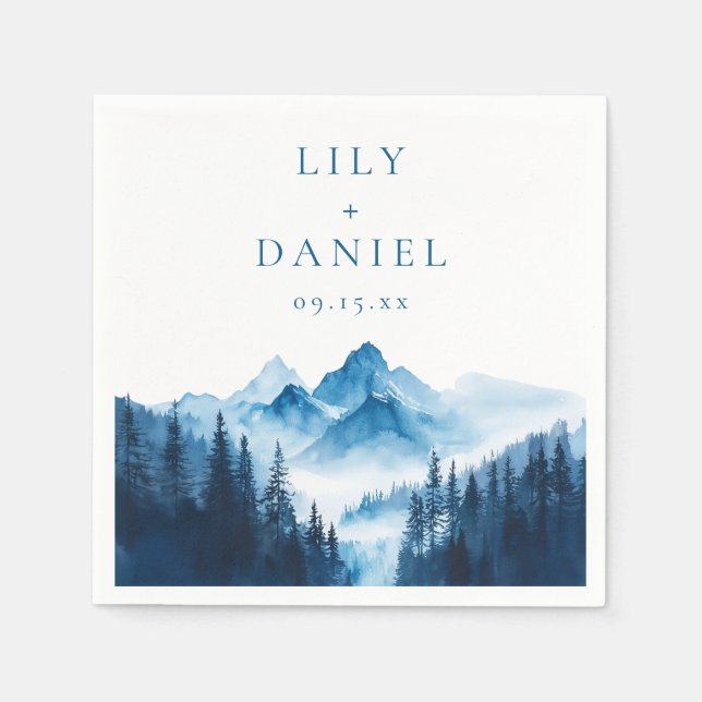 Servilleta De Papel Boda Montañas Acuarela Azul Boho Rústico (Anverso)