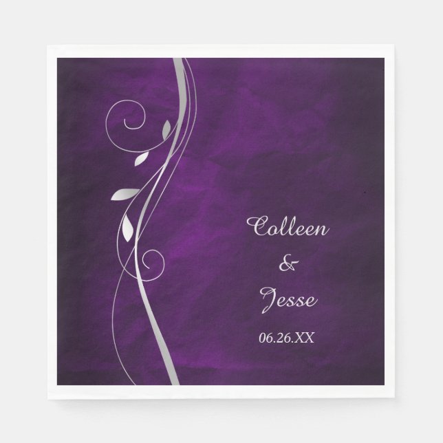 Servilleta De Papel Boda morado de Swirl Silver Leaf (Anverso)