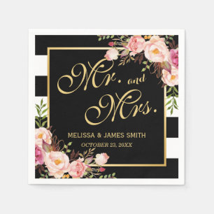 Servilleta De Papel Boda Mr. y Mrs. Floral Gold Frame Stripes
