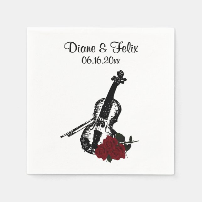 Servilleta De Papel Boda musical de violín y Rosas (Anverso)