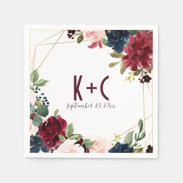 Servilleta De Papel Boda Napkins | Geométrico floral de Borgoña y Mari (Anverso)