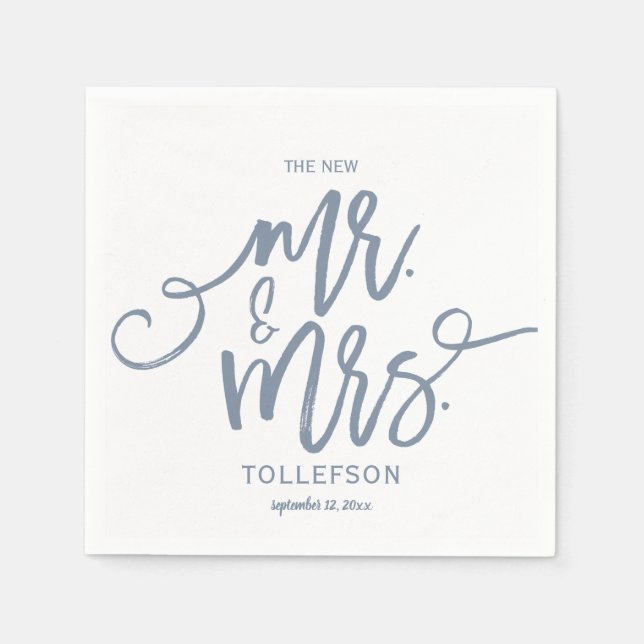 Servilleta De Papel Boda Napkins | Guión de pincel (azul turbio) (Anverso)