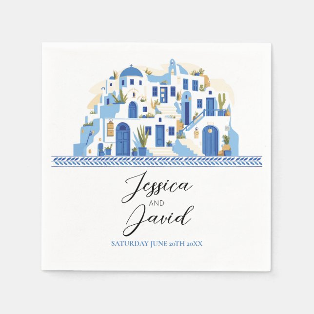 Servilleta De Papel Boda Napkins Nombres Santorini Grecia Azul Blanco (Anverso)