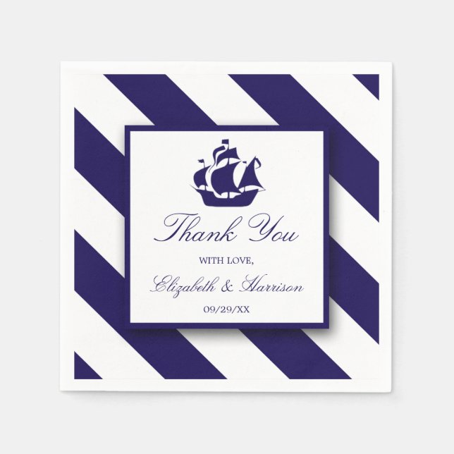 Servilleta De Papel Boda Nautical Stripes & Navy Blue Ship (Anverso)