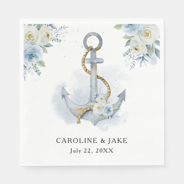 Servilleta De Papel Boda Náutico de un ancla floral azul turbio (Anverso)