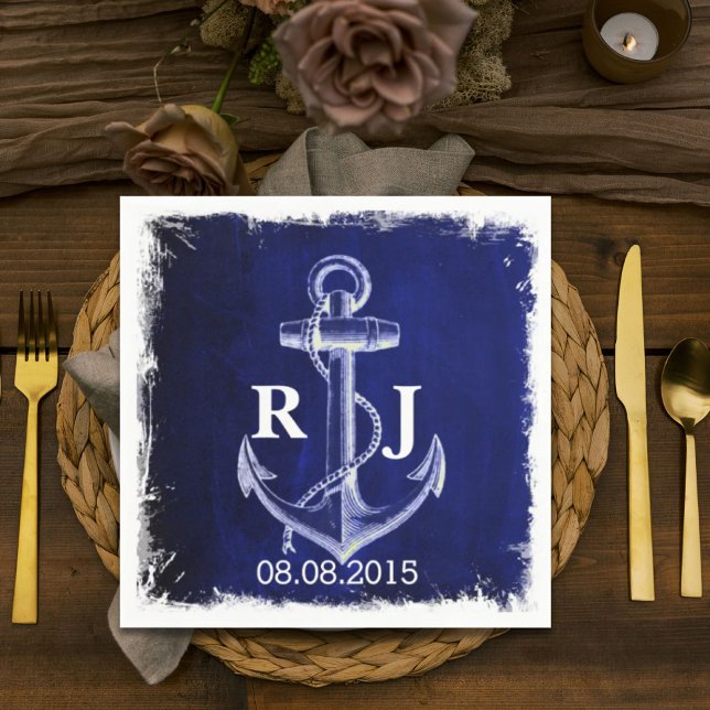 Servilleta De Papel boda náutico del ancla azul de la Marina rústica (rustic Navy Blue anchor nautical wedding Paper Napkins)