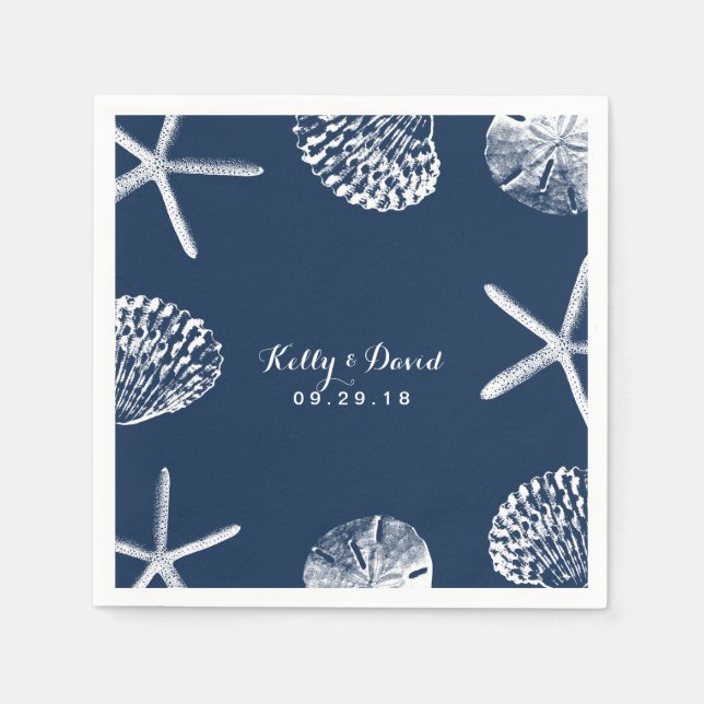 Servilleta De Papel Boda Navy Blue Beach Seashells (Anverso)