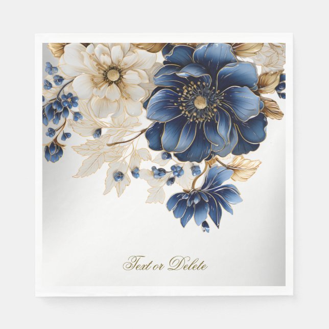 Servilleta De Papel Boda Navy Blue White Golden Floral Silver (Anverso)