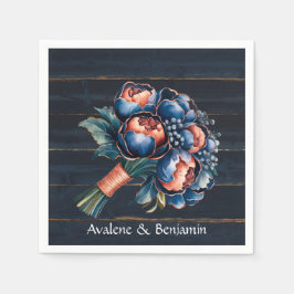 Servilleta De Papel Boda Navy Blue y Copper Peony Bouquet Wood