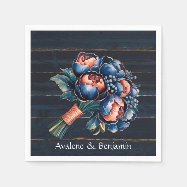 Servilleta De Papel Boda Navy Blue y Copper Peony Bouquet Wood (Anverso)