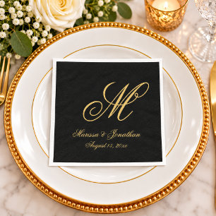 Servilleta De Papel Boda Negra Escritura Monograma Dorado Chic