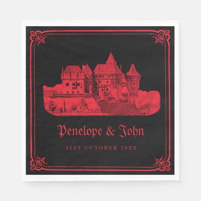 Servilleta De Papel Boda Negra Roja Castillo Vampiro Gótico (Anverso)